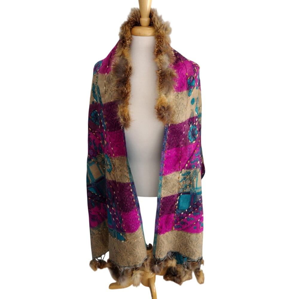 Colorful Ethno Boho Stole Scarf Shawl Wrap Real Fur Trim & Pom-Pom Accents Women